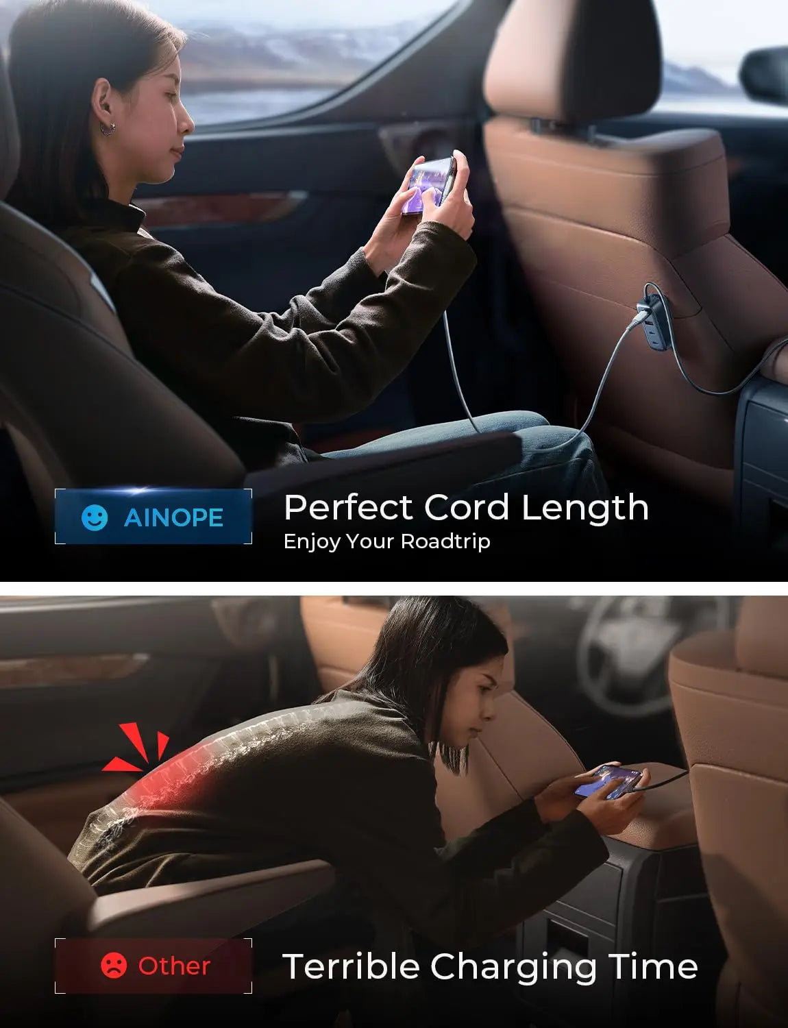 AINOPE Car USB Charger Multi Port 108W Fast USB C Car Charger PD 36W QC3.0 Cigarette Lighter Car Travel Essentials with5FT Cable