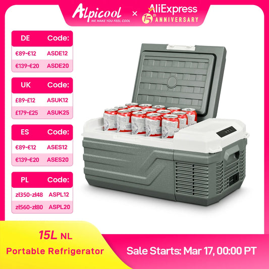 Alpicool NL15 15L Portable Car Refrigerator 12 Volt Mini Fridge Freezer 12/24V DC 100-240V AC Cooler Ice Box for Truck Camping