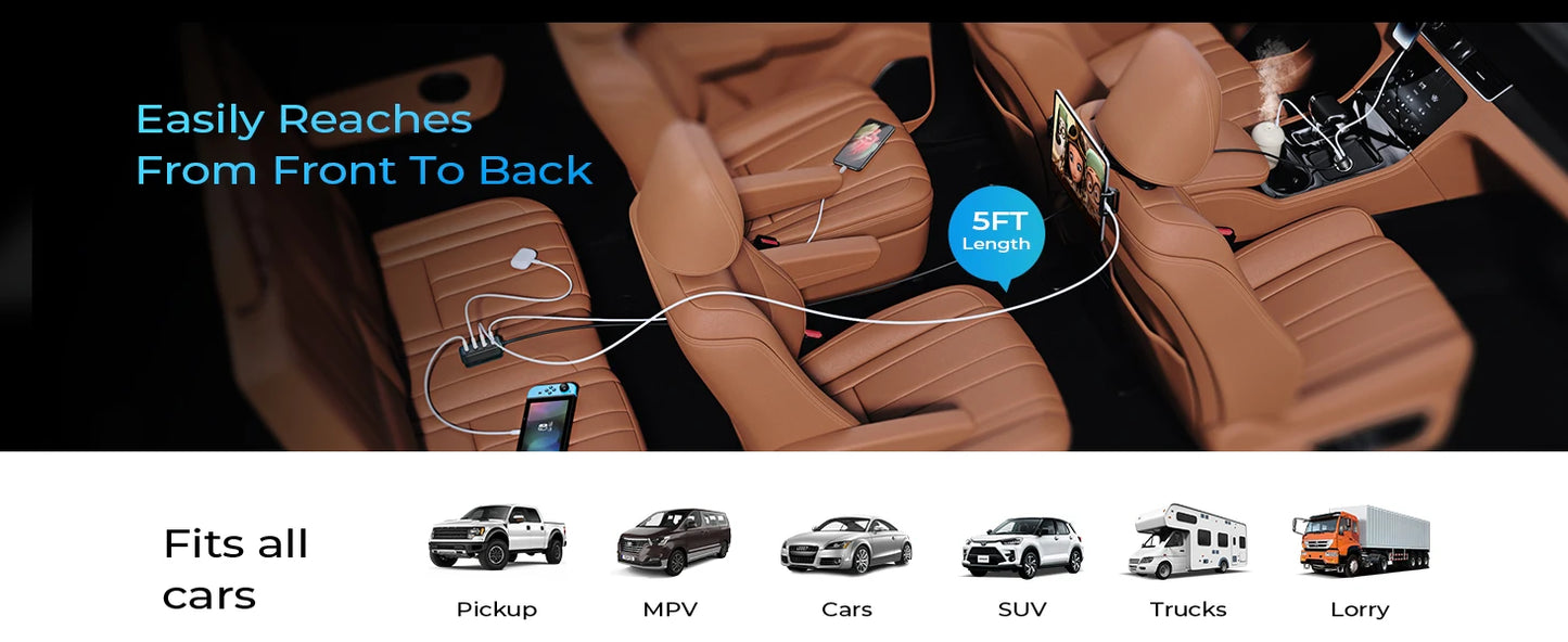 AINOPE Car USB Charger Multi Port 108W Fast USB C Car Charger PD 36W QC3.0 Cigarette Lighter Car Travel Essentials with5FT Cable